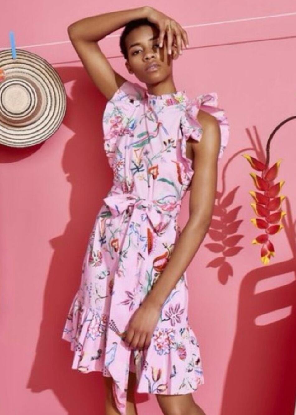 Banjanan Bul Bul Dress Pink Floral Sunflower Ruffle Sleeve Midi Size 2 or Small